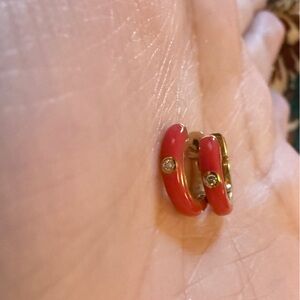 EF Collection Diamond Red Enamel Huggie Earrings